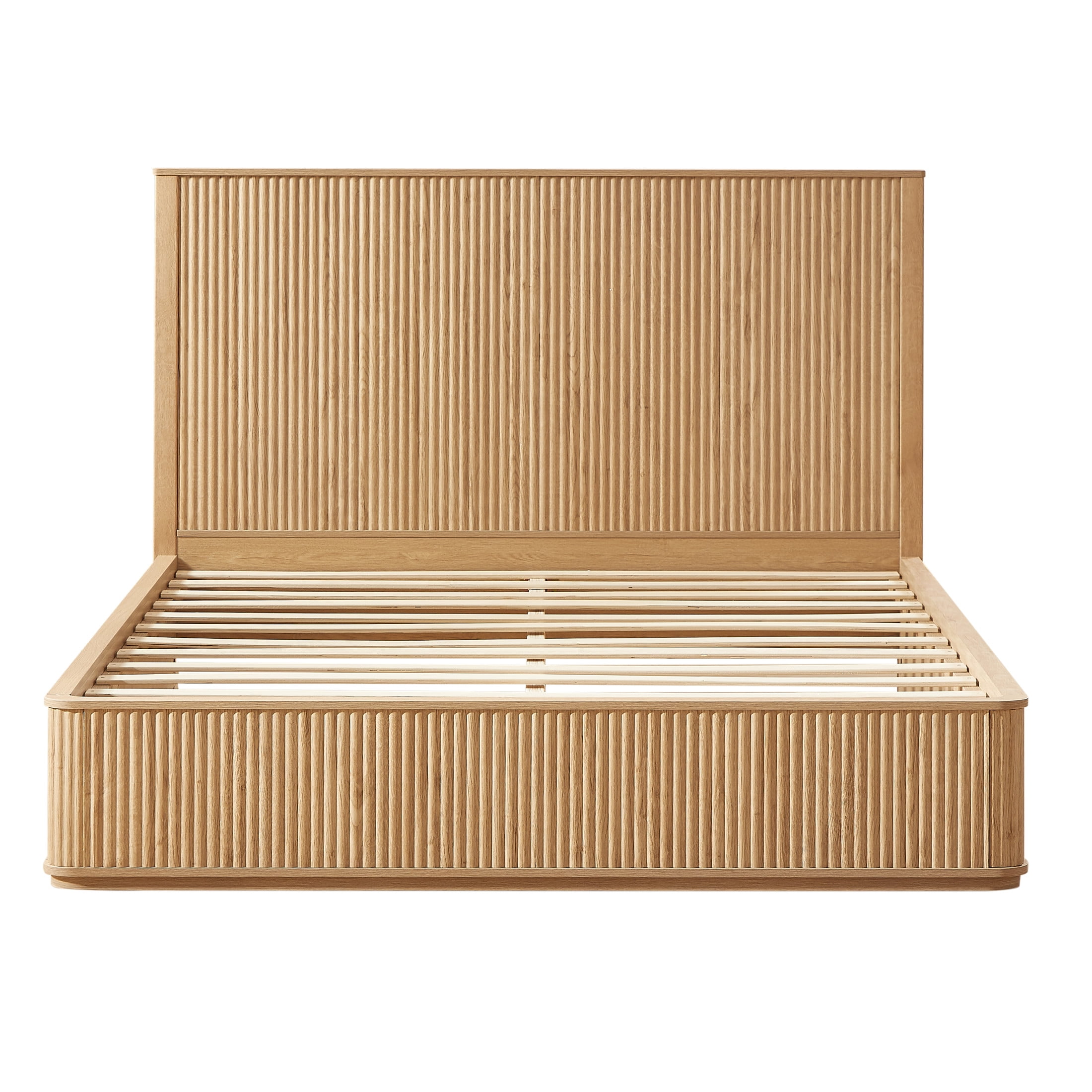 Noble House Queen Platform Bed Frame with 44.49" Flat Fluted Headboard, Wood Slat Support, Oak