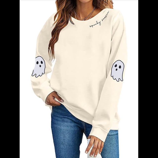 Suéter Informal de Larga con Cuello Redondo y Estampado de Calavera Fantasma para Mujer, para Otoño e Invierno, con Farolillos de Halloween Albaricoque L