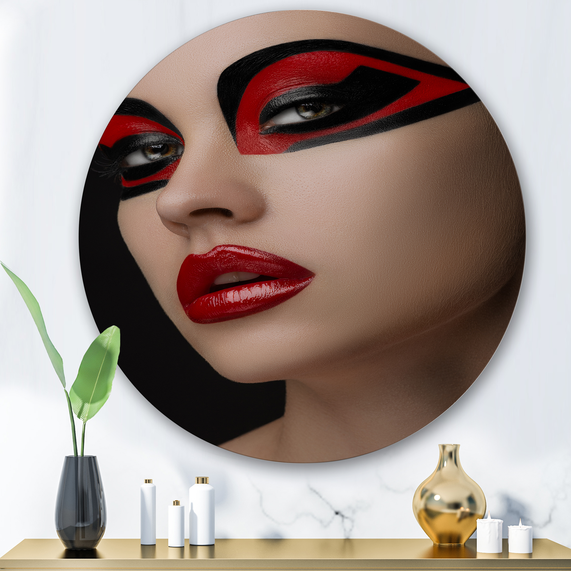 Designart 'Red Lips Black Makeup On The Eyes of Mask Girl' Modern Circle Metal Wall Art 36x36 - Disc of 36