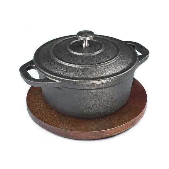 HAWOK Cast Iron Mini Round Cocotte, Dia.4.8 inch, 0.5 QT Mini Dutch Oven with Lid and wooden Underliner, Pre-seasoned