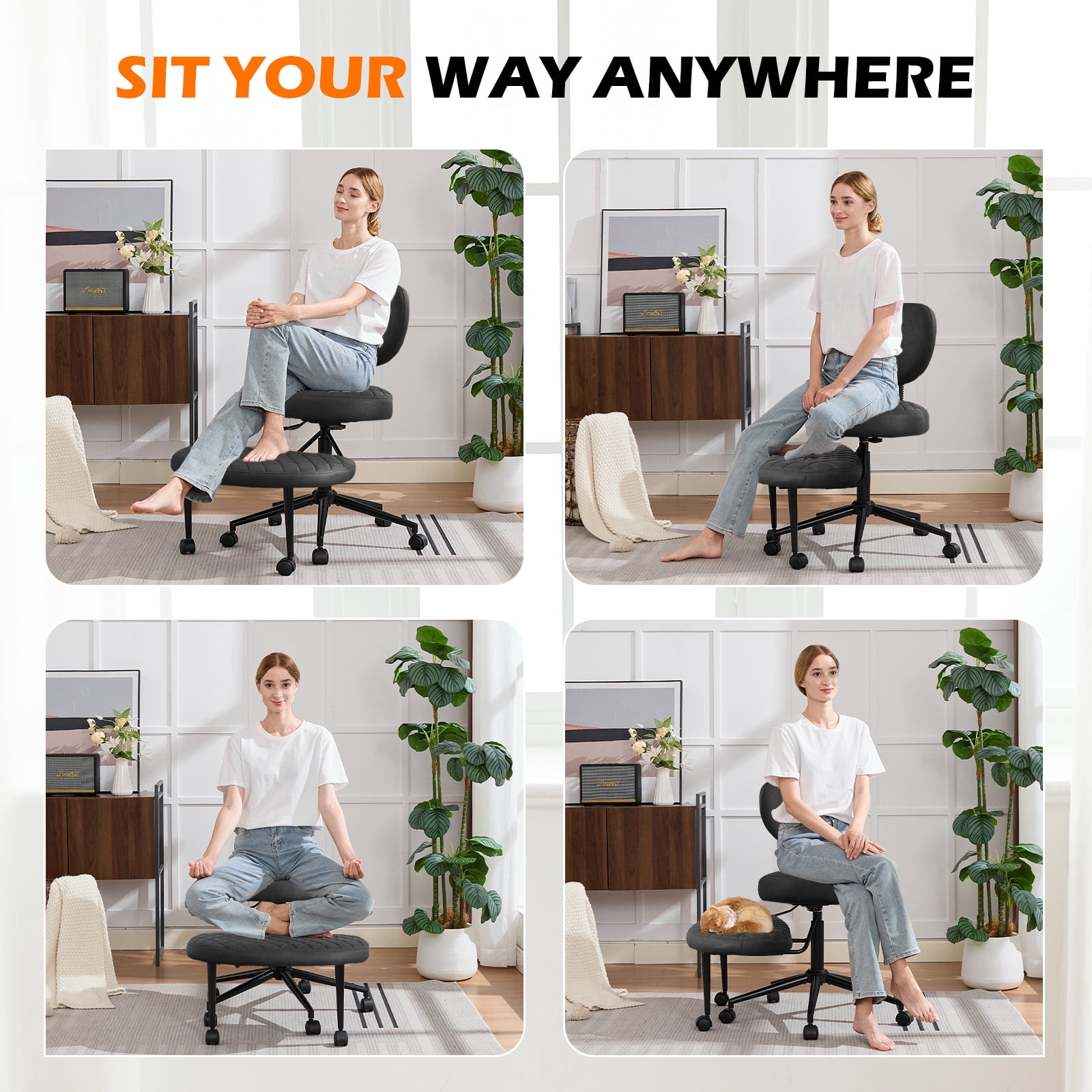 JONPONY Ergonomic Cross Legged Swivel Chair, ADHD Office Chair, Meditation Chair with Lumbar Support, Adjustable Height and Retractable footrest, Home and Office, Black