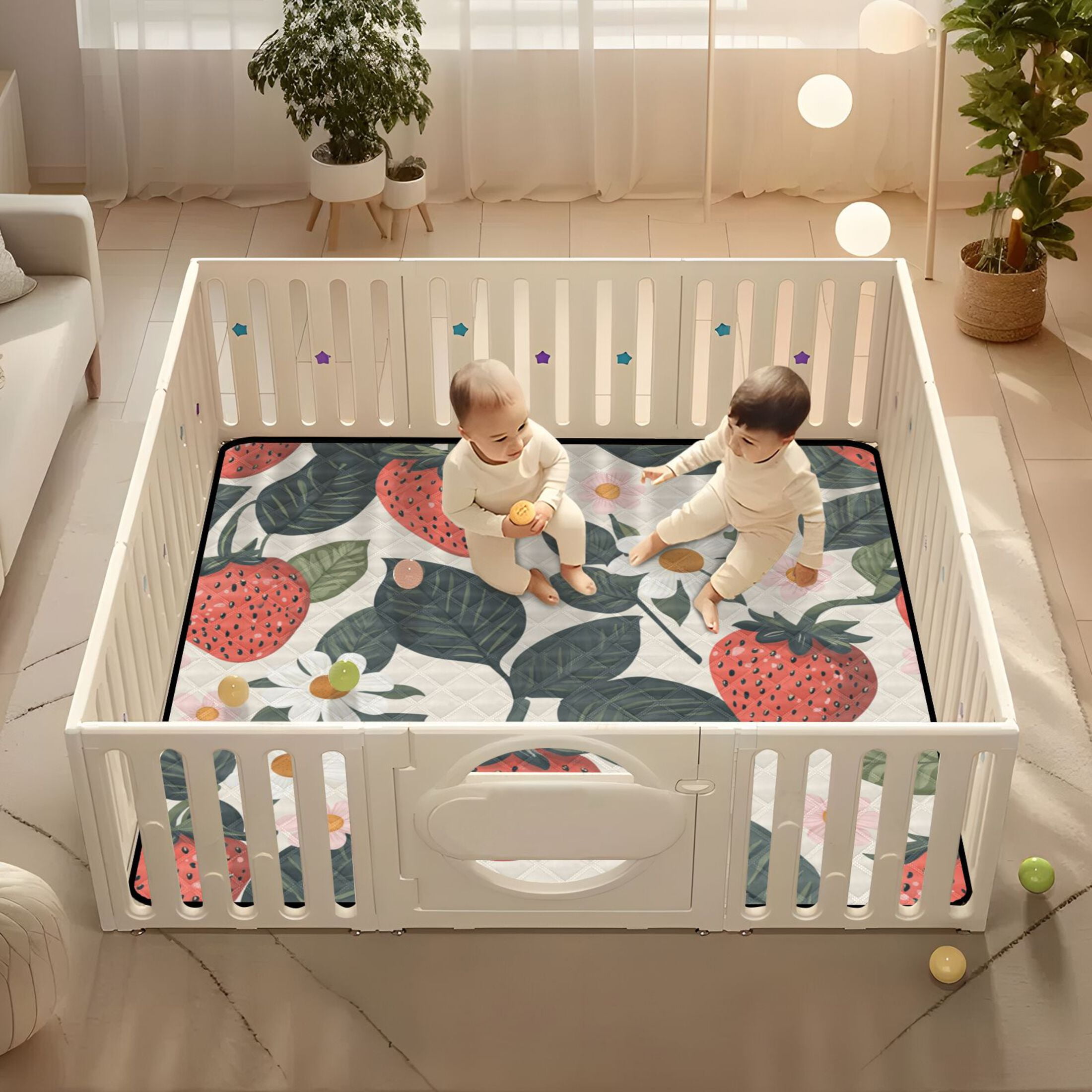 WOBOGO A Seamless Pattern with Adorable Strawberry Leaves Baby Playmats Extra Large Waterproof Rollable Activity Pads for Toddlers 50×50inch