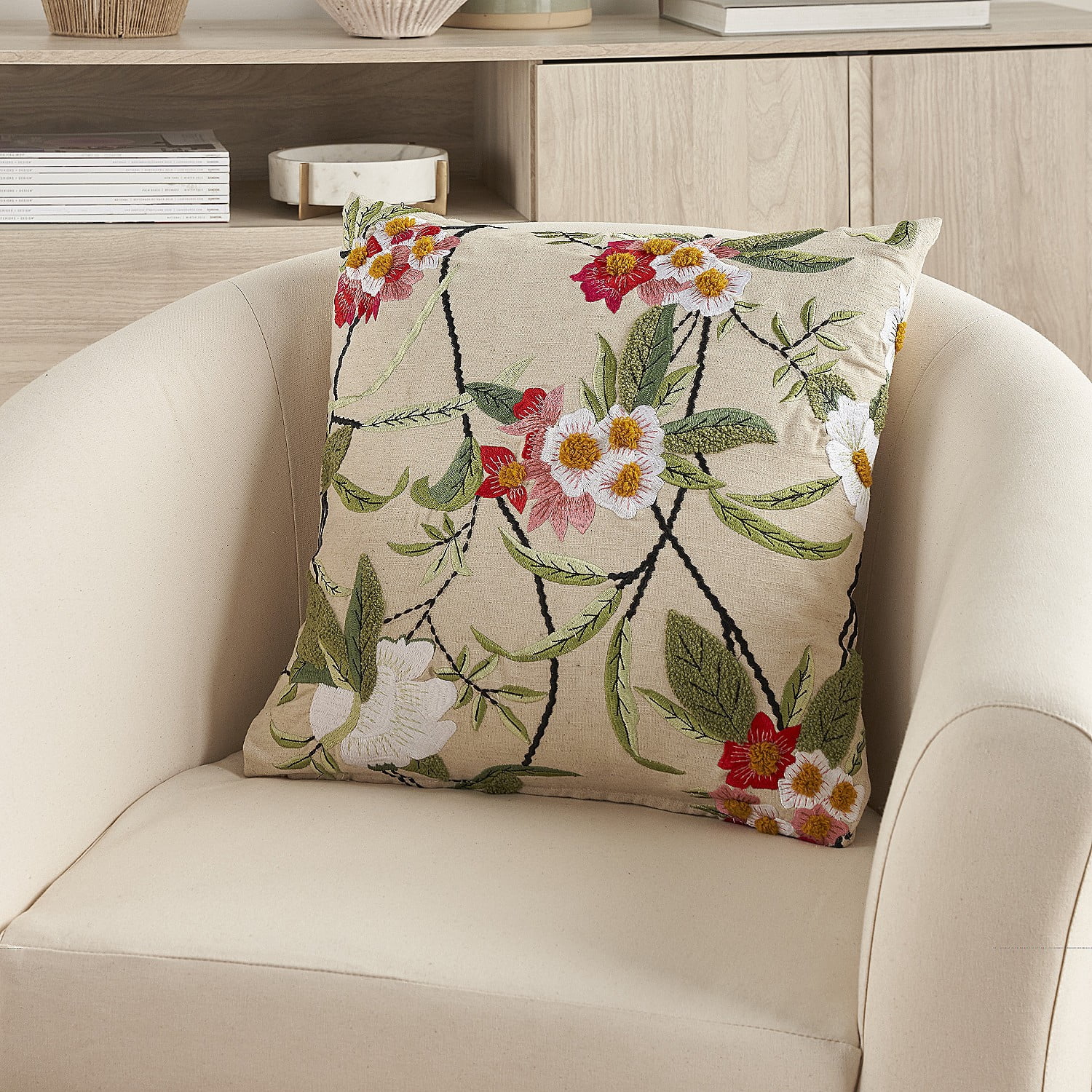 Mina Victory Embroidered Floral Linen Indoor Throw Pillow Cover Only Multicolor 18" x 18"