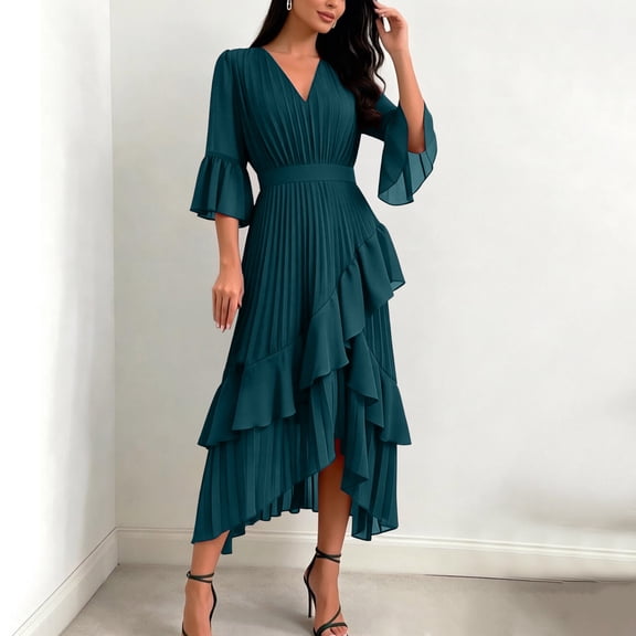 Aimik Women's Pleated Midi Dress V-Neck Ruffle Sleeve Asymmetrical Hem Chiffon Lightweight Summer Cocktail Party Evening Formal Dress
