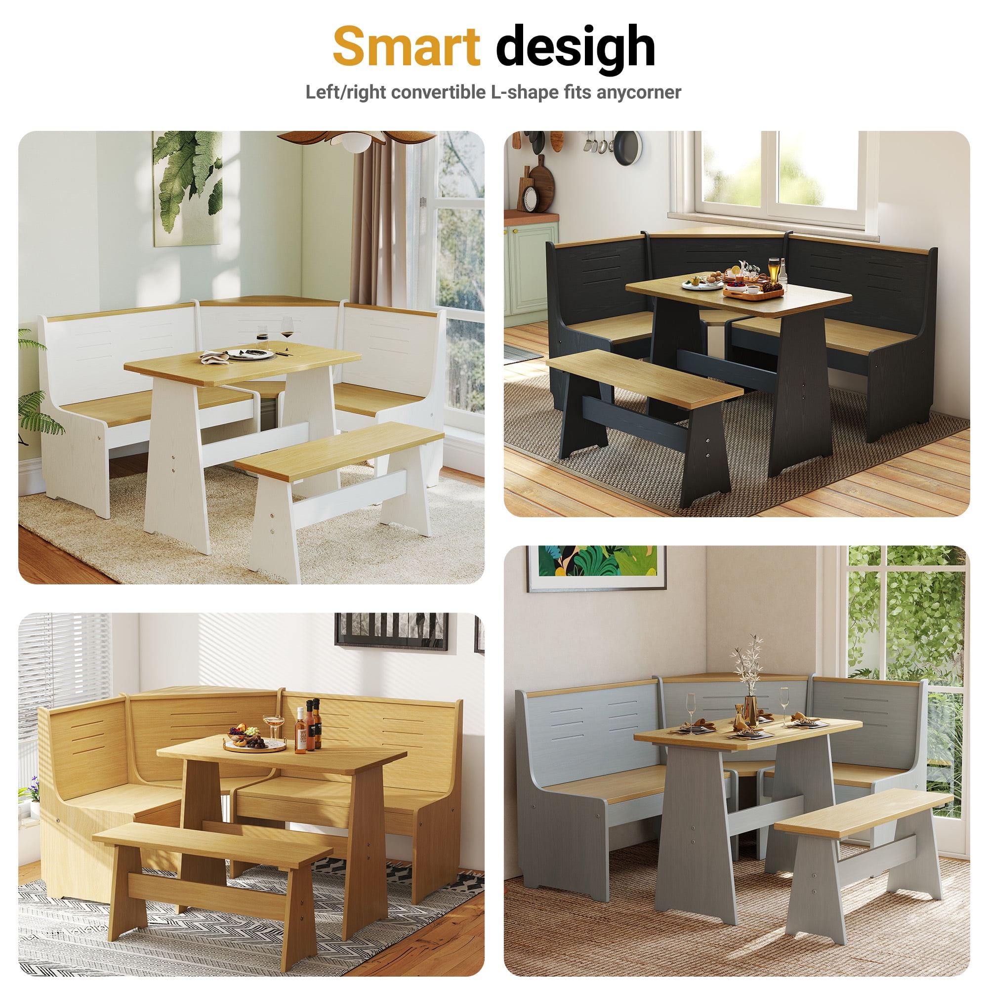 Koby Home Breakfast Nook Table Set, Corner Dining Table with L-Shape Bench Chairs, Farmhouse Kitchen Dining Nook Grey Wood