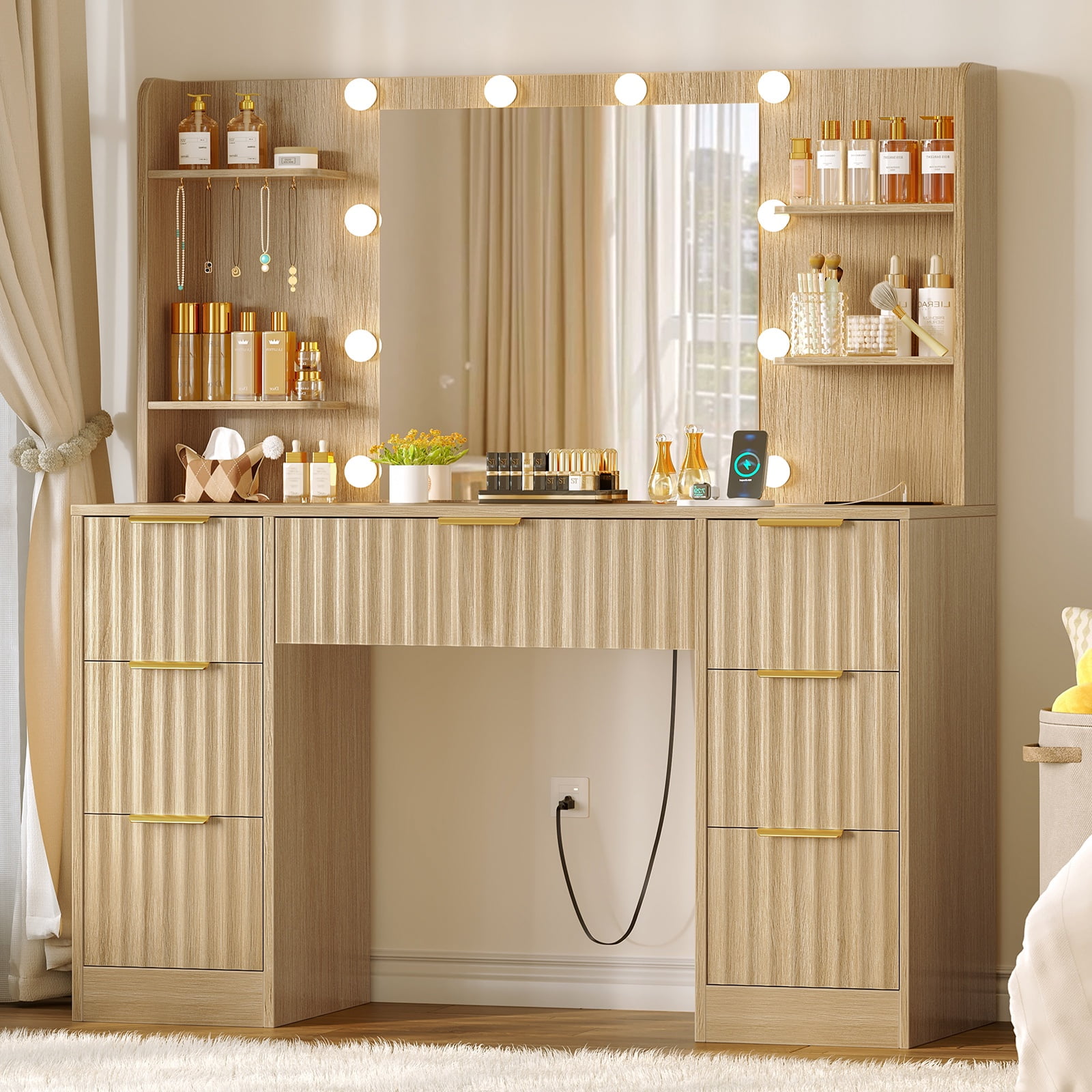 TEENFON Large Makeup Vanity Set with Mirror & Power Outlet, Vanity Desk with 7 Drawers, 4 Shelves and 5 Hooks, Vanity Table, Vanity Desk for Bedroom, Natural