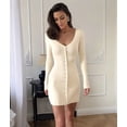 thumbnail image 4 of Women Deep V Neck Button Front Knit Mini Dress Elegant Long Sleeve Ribbed Flowy Hem A-Line Short Dresses Color L, 4 of 9