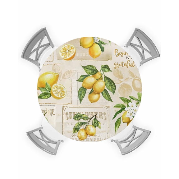nqOlkjepod Summer Lemons Round Tablecloth, Fitted Table Cover with Elastic for 36"-44" Round Tables, Retro Farmhouse Botanical Fruit Leaves Table Cloth Outdoor Dinning Party Waterproof Tablecloths