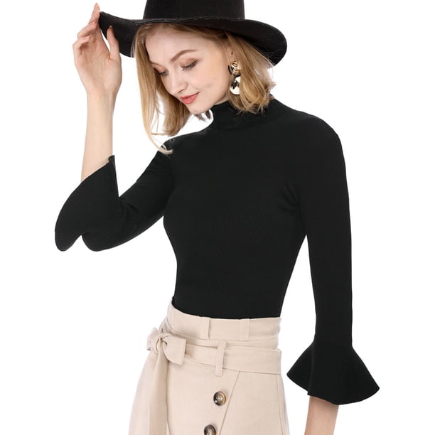 Suéter de cuello alto Allegra K con volantes para Mujer Jersey de punto Elástico Negro XS