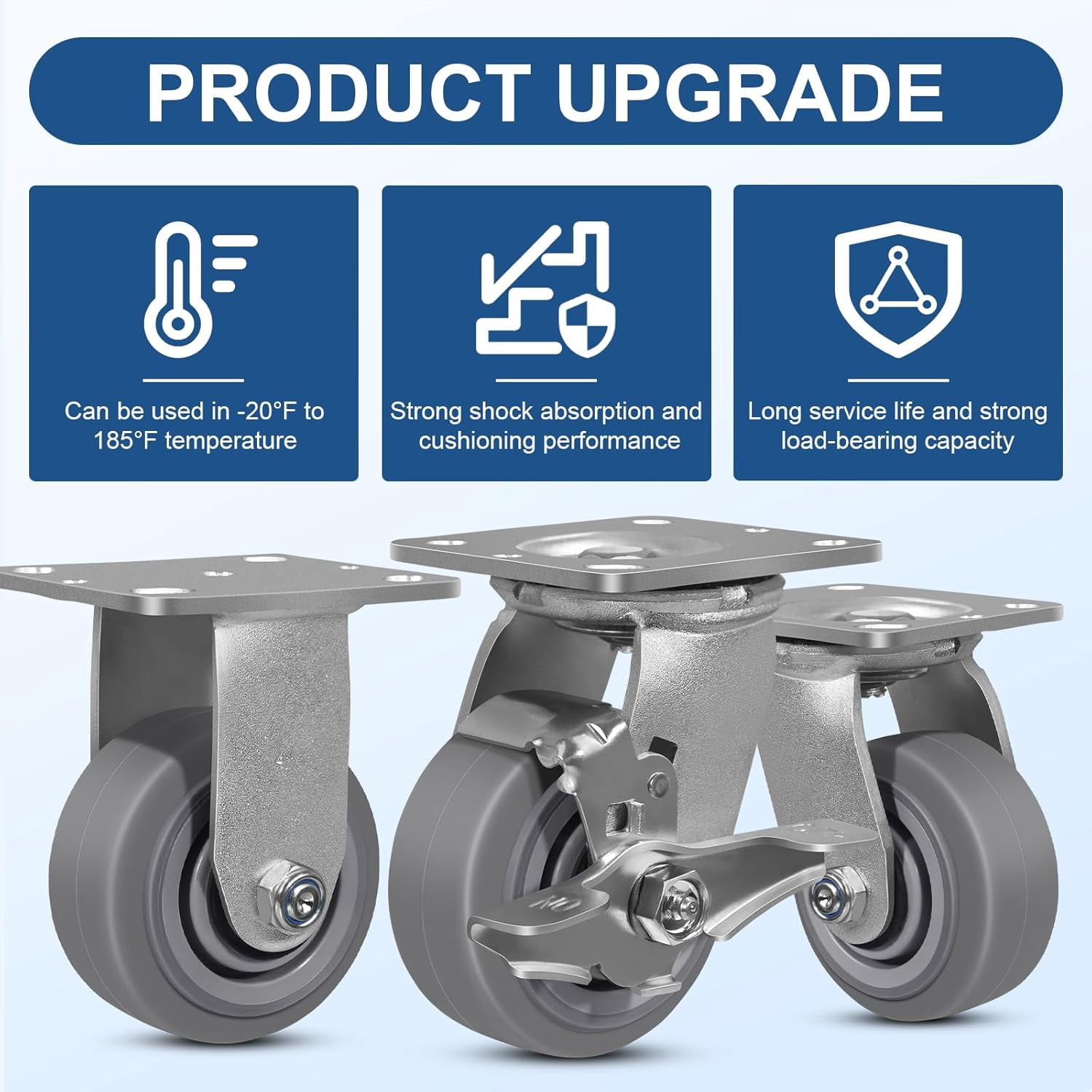4 Inch Rubber Wheels Heavy Duty Casters with Brake - Industrial Flat Tread Caster Wheels for Utility Carts Dollies Maintenance Equipment