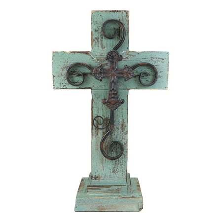 Ebros Gift Rustic Western Distressed Wood Turquoise Blue Standing Cross Statue with Iron Metal Scroll Fleury Cross 3D Art Desktop Plaque Decor Sculpture 16.25
