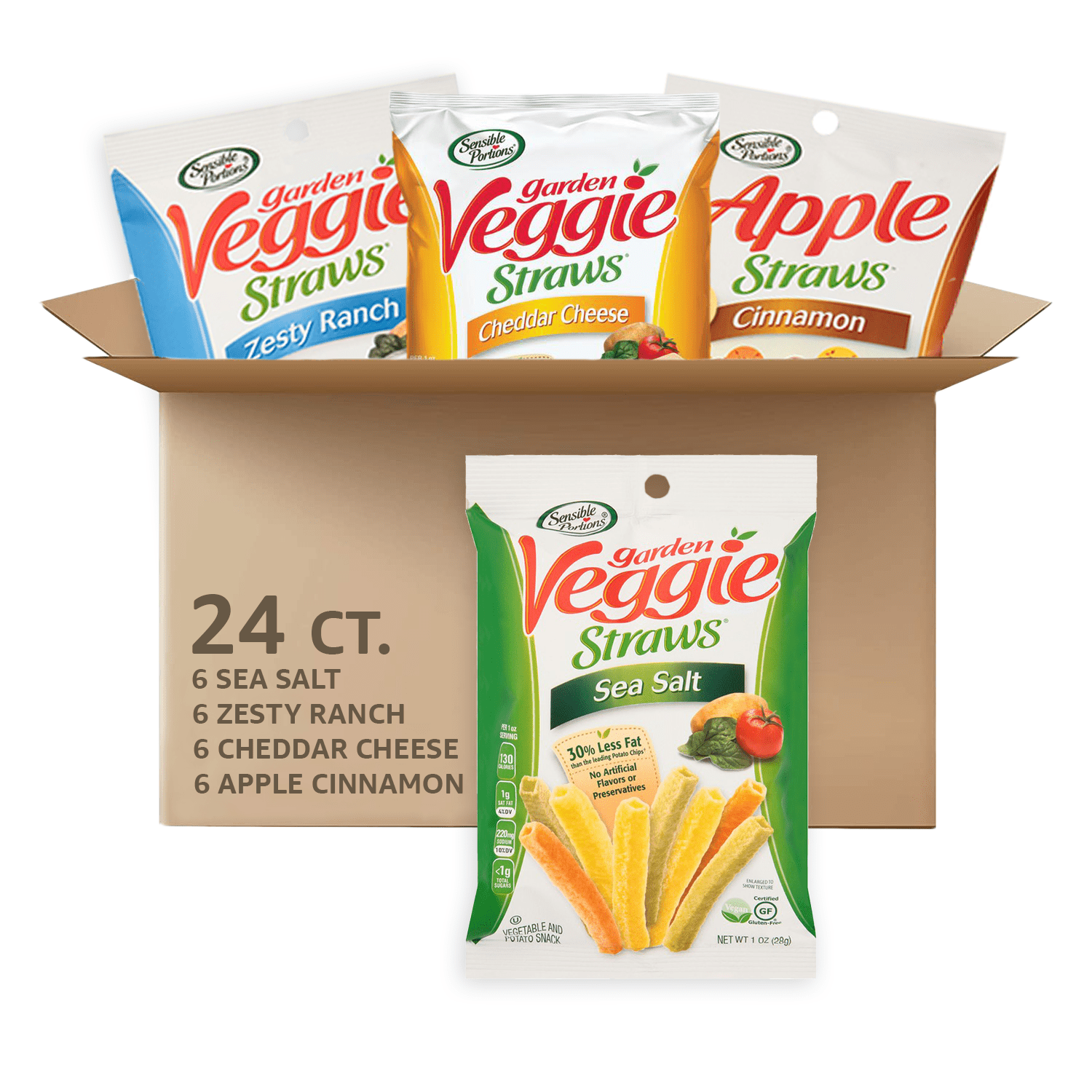 Sensible Portions Gluten-Free Sea Salt, Cheddar Cheese, Zesty Ranch and Apple Cinnamon Garden Veggie Straws, 1 oz, 24 Count Variety Pack