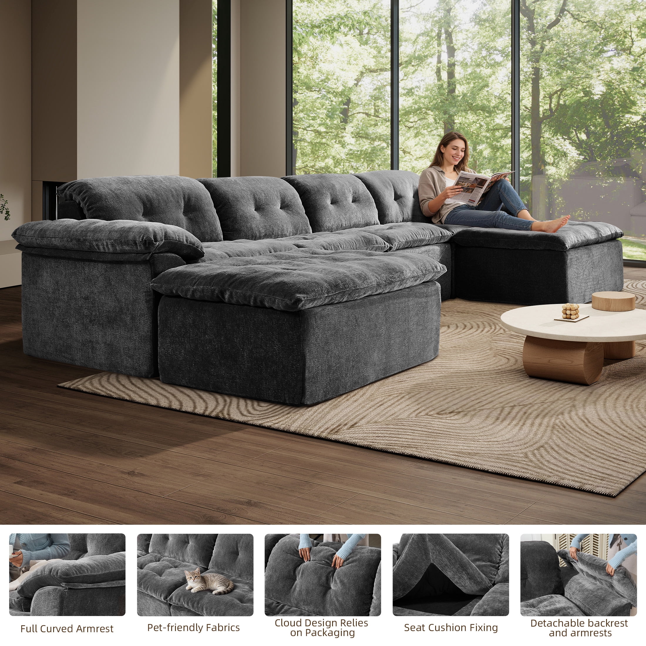 Aukfa 6-Piece U-Shaped Modular Sectional Sofa with 2 Ottomans for Living Room, Ice Flower Chenille, Gray
