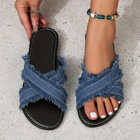 

Women s Denim Slide Sandals Casual Open Toe Flat Summer Shoes Lightweight Slide Sandals