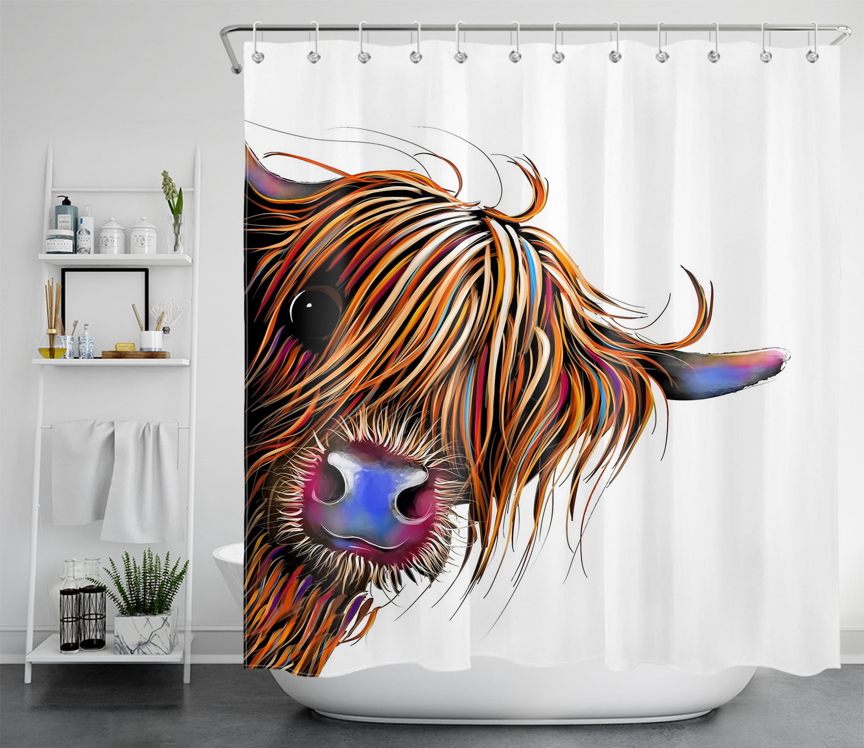 Colorful Cow Shower Curtain Set 71" Bathroom Waterproof Fabric Curtains & Hooks 