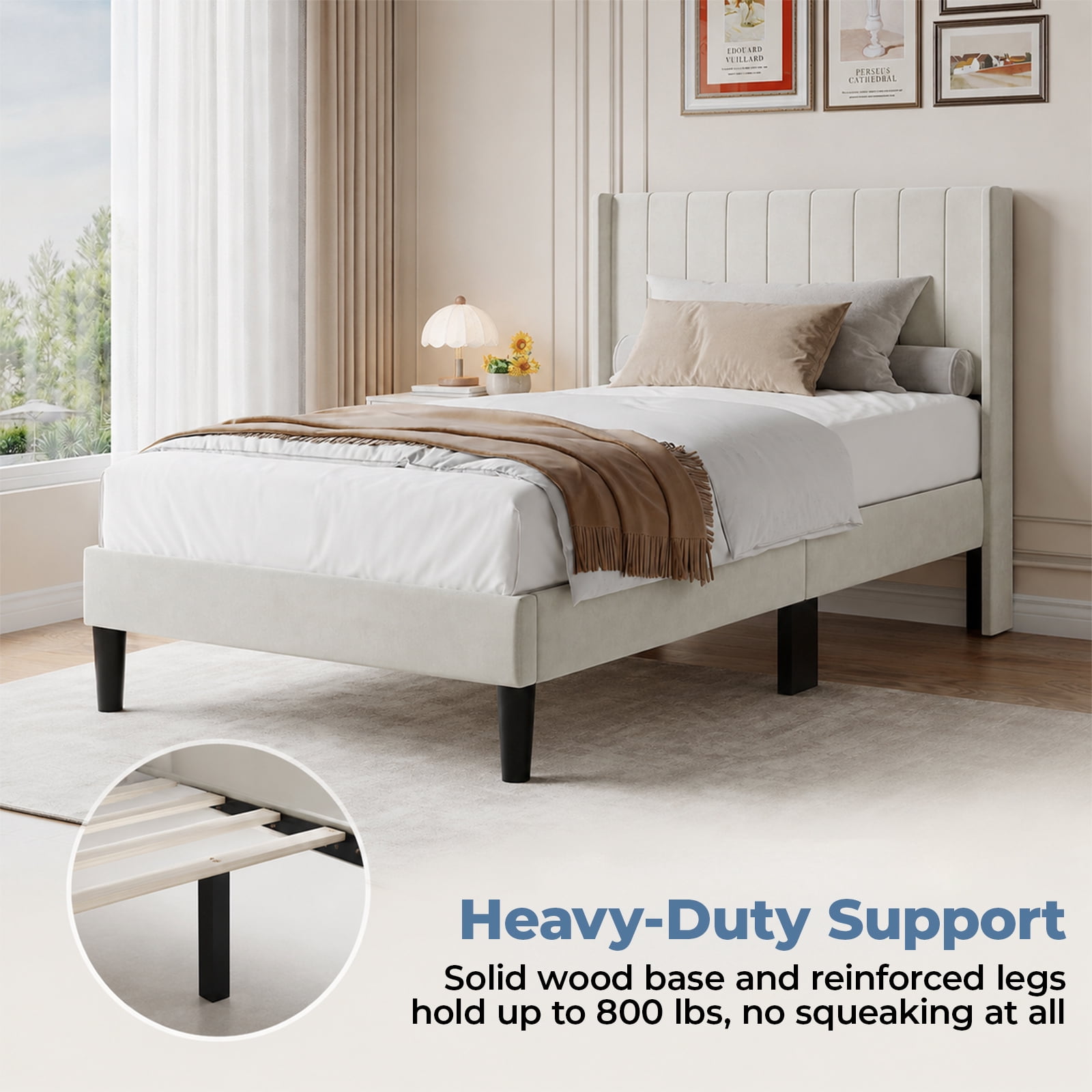 Alvantor Upholstered Bed Frame, Fabric-covered Wing-shaped Headboard and Wooden Crossbars, Bed Frame with Storage Space, Easy Assembly, Noise Free, No Box Spring Needed