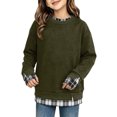 thumbnail image 2 of Girls Plaid Crewneck Sweatshirt Long Sleeve Two Piece Pullover Top Casual Warm Preppy Sweatshirt for Kids Fall Winter School Daily Play Wear(3-4 Years,Army Green), 2 of 5
