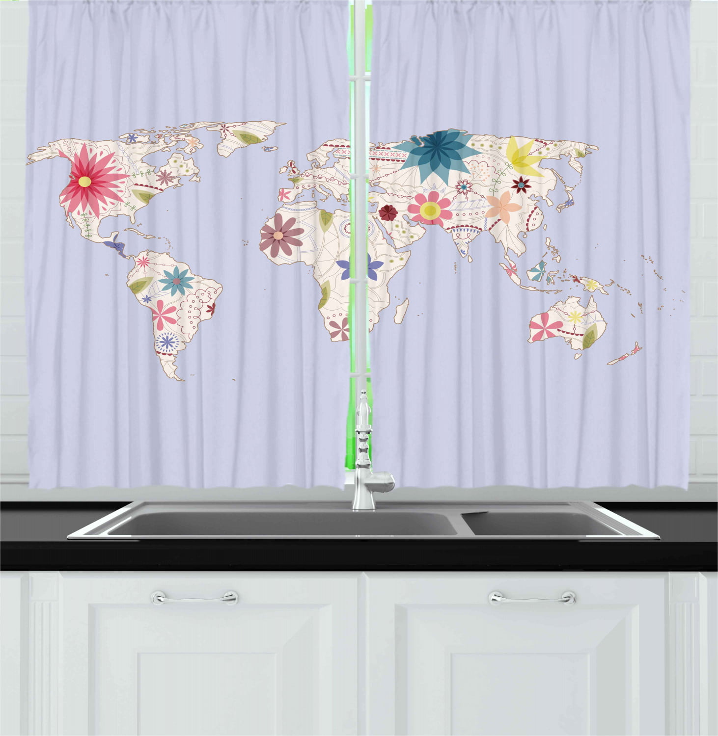 Funny World Map with Nut Kitchen Curtains Window Treatment Set 2 Panels 55x39" 