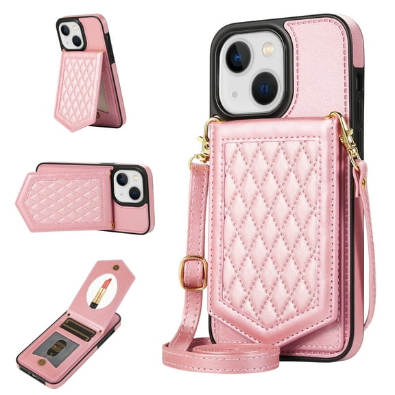 Allytech Crossbody Wallet Case for iPhone 13 with RFID Blocking Card Slot Holder, Magnetic Closure Folio Flip Stand Purse Detachable Shoulder Strap Case for iPhone 13 6.1" 5G 2021,Rosegold