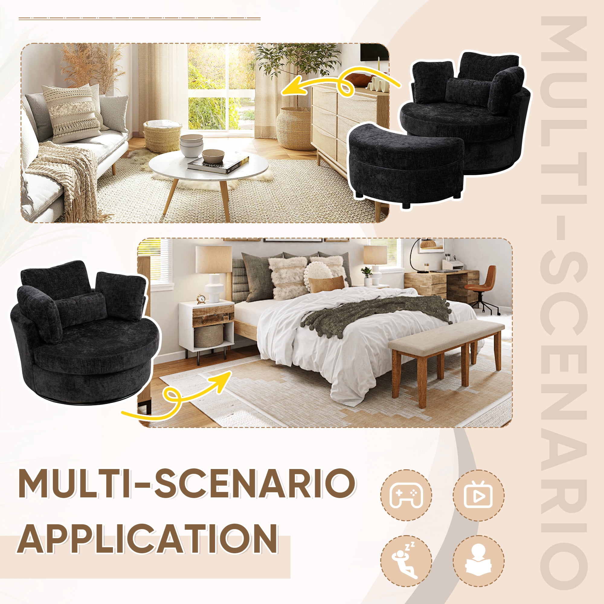 Dinosisco Oversized Swivel Accent Barrel Chair with Storage Ottoman, Chenille, Indoor, Black