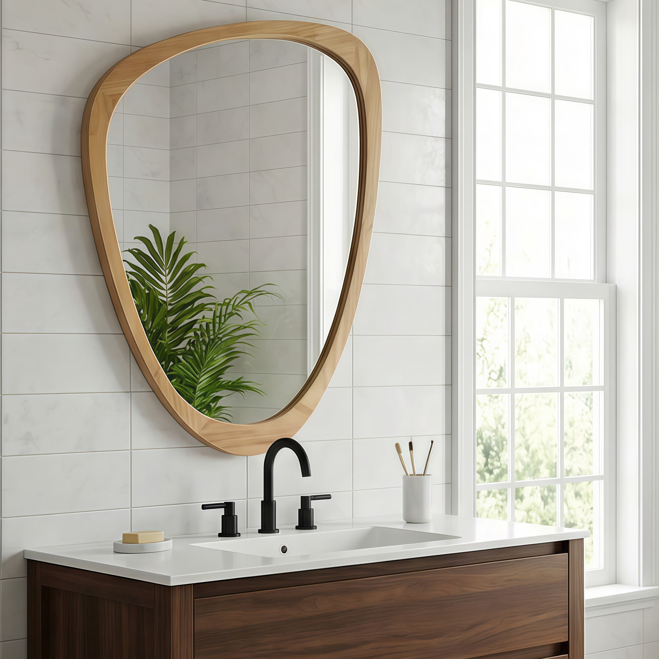 Noble House 24"x36" Irregular Solid Wood Wall Mirror, Modern Asymmetric Decorative Accent Bathroom Mirror, Oak
