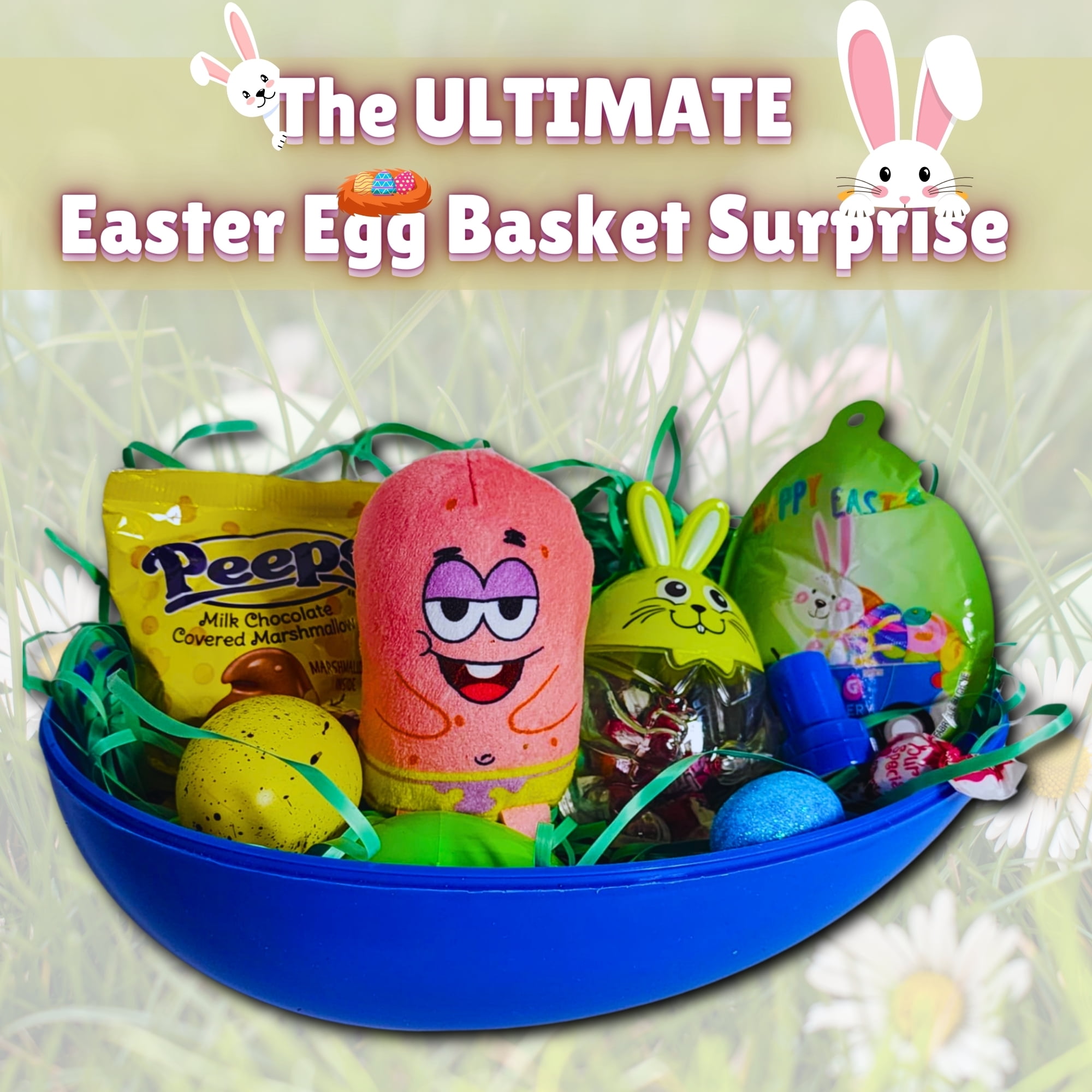 Happy Easter Basket Pre-Filled Surprise Jumbo Egg w/ Patrick Starfish Plushie Balloon Eggs Peeps Candies & Reusable Plastic Egg-Shaped Container Spring Party Favors (Contents Vary)