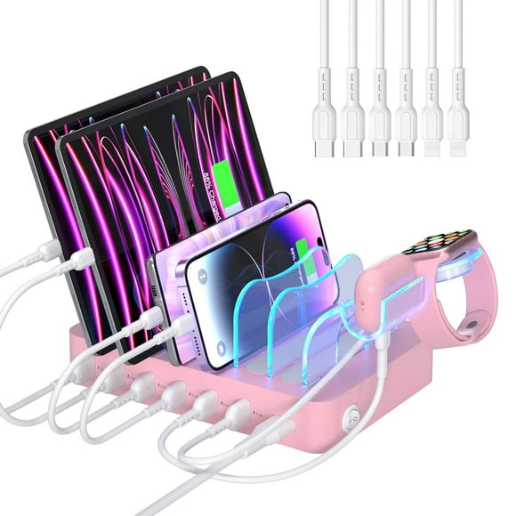 SooPii Premium 6-Port USB Charging Station Organizer for Multiple Devices, 6 Short Charging Cables and One Upgraded i-Watch Charger Holder Included, for Phones,Tablets and Other Electronics, Pink