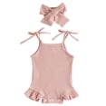 thumbnail image 1 of Infant Baby Girls Sleeveless Solid Color Ribbed Ruffles Romper Bodysuits With Headbands Outfits For Kids Vêtements Pour Enfants Size 6-9 Months, 1 of 4