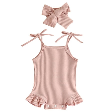 

Toddler Girls Sleeveless Solid Color Ribbed Ruffles Romper Bodysuits With Headbands Outfits Child Clothing Streetwear Kids Dailywear Outwear