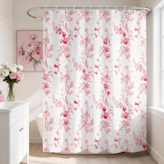 Auckpure Pink Floral Shower Curtain, 72 x 72 Inch Fabric Bathroom Curtain with Vintage Flower Vine Pattern and 12 Hooks