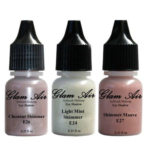 Glam Air Set of Three (3) Airbrush Eye Shadow s-E24Light Mint Shimmer , E26Chestnut Shimmer, & E27Shimmer Mauve Airbrush Water-based 0.25 Fl. Oz. Bottles of Eyeshadow