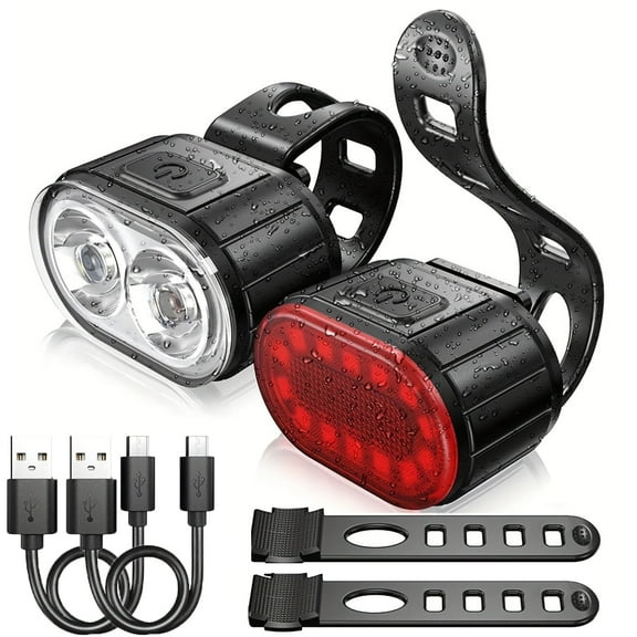 Ggpg Bicycle Lights Mountain Bike Headlight and Taillight, LED USB Rechargeable, Handlebar Mount, High Brightness for Night Riding