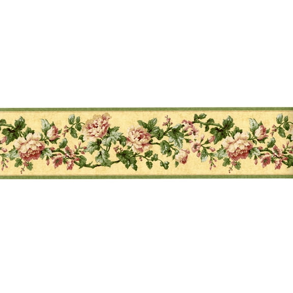 TRIMZ Peonies Floral Wallpaper Border - Yellow, Green - Floral Wall Decor - 15' L x 4.2" W
