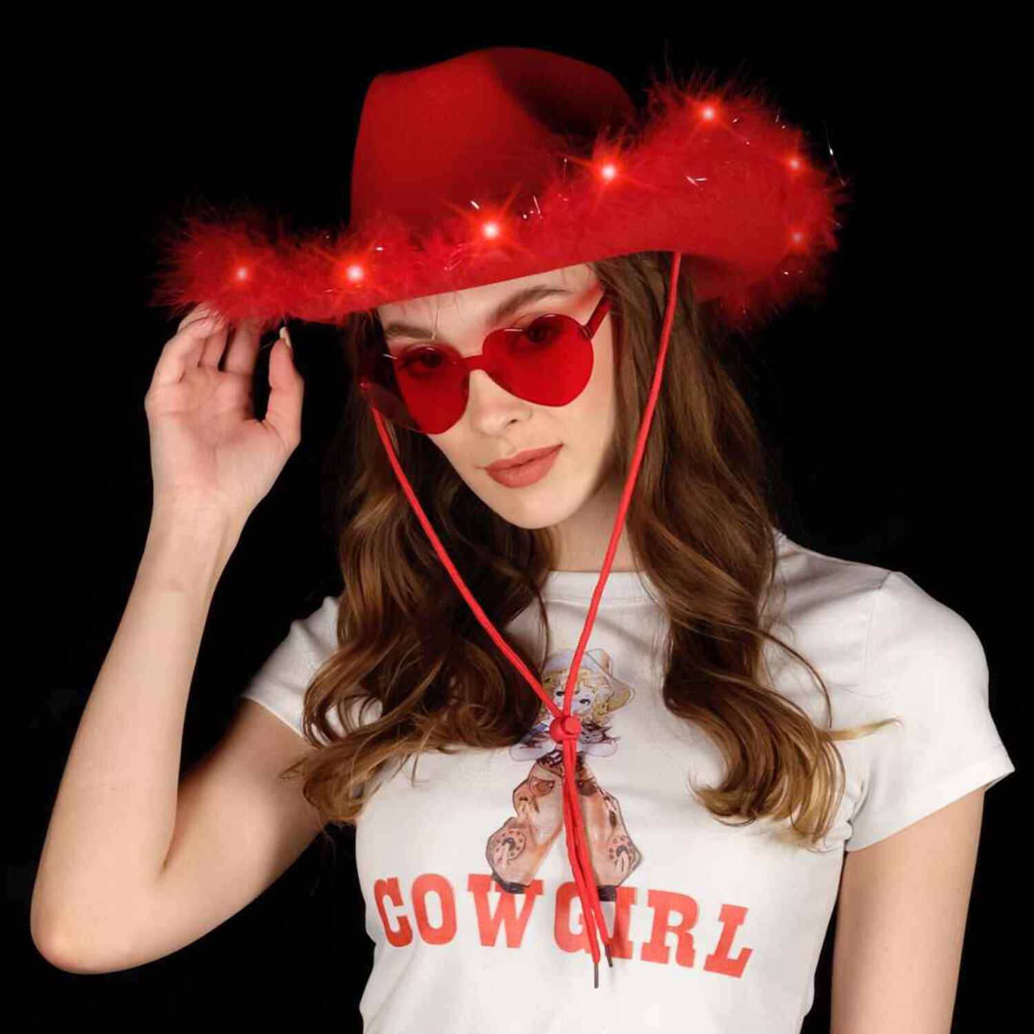 8522 26 Pcs Red Cowgirl Hats And Heart Glasses Fluffy Feather Amazon.com: YBHOMINE Cowboy Hat with Heart Sunglasses  main image 2