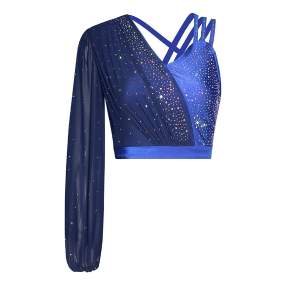 LiiYii Women's Rhinestone Lyrical Dance Crop Top Ballroom Dance Costume Mesh Ruffle Shirt Top Competition Wear RoyalBlue XL