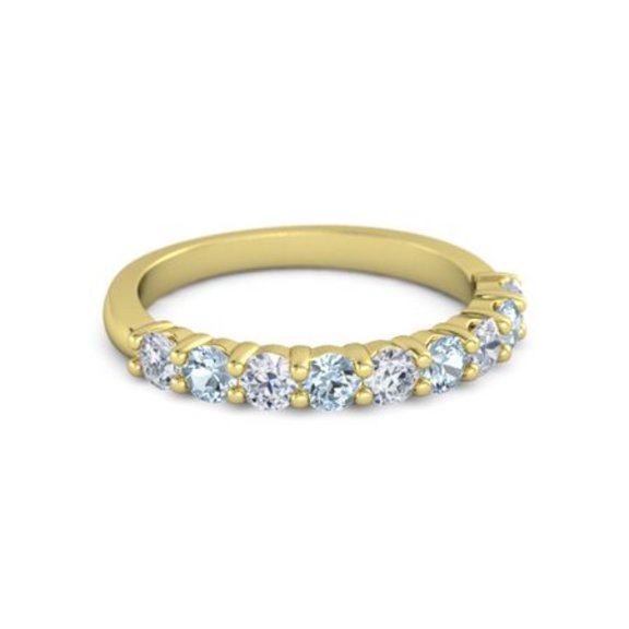 925 Sterling Silver Round 2.5MM White Cz Aquamarine Eternity Yellow Plated Ring