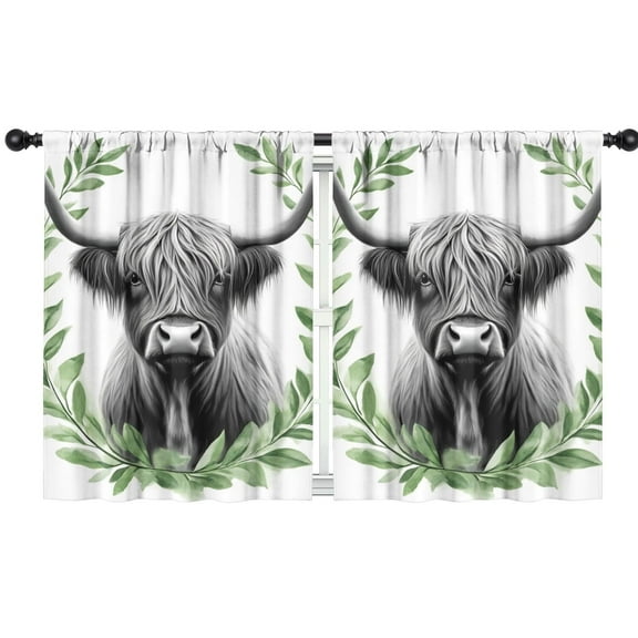 Blackout Kids Curtains,Highland Cow with Green Wreath Childrens Insulated Curtains Set Of 2,Bedroom Essentials,Toddler Room Decor 42x54in(106x137cm)