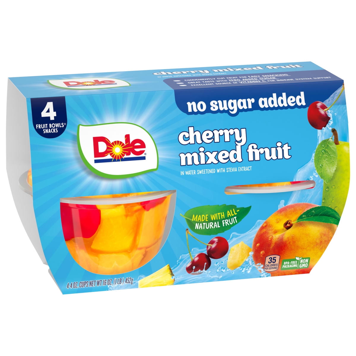 (3 pack) Dole Fruit Bowls No Sugar Added Cherry Mixed Fruit in Water, 4 oz Cups (4 Pack)