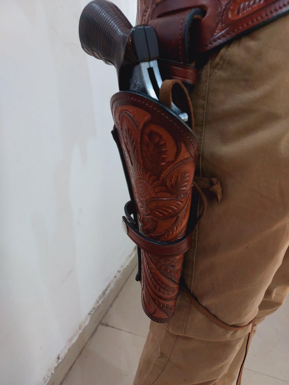 Western Gun Holster with Belt Handmade Genuine Leather Floral Tooled Cowboy Holster Rig