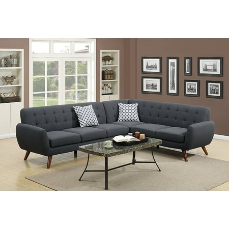 2Pcs Modern Ash Black Polyfiber Linen-Like Fabric Sectional Sofa Set with Clean Lines and Curves and Accent Tufted Back Support for Living (Best Way To Clean Fabric Couch)