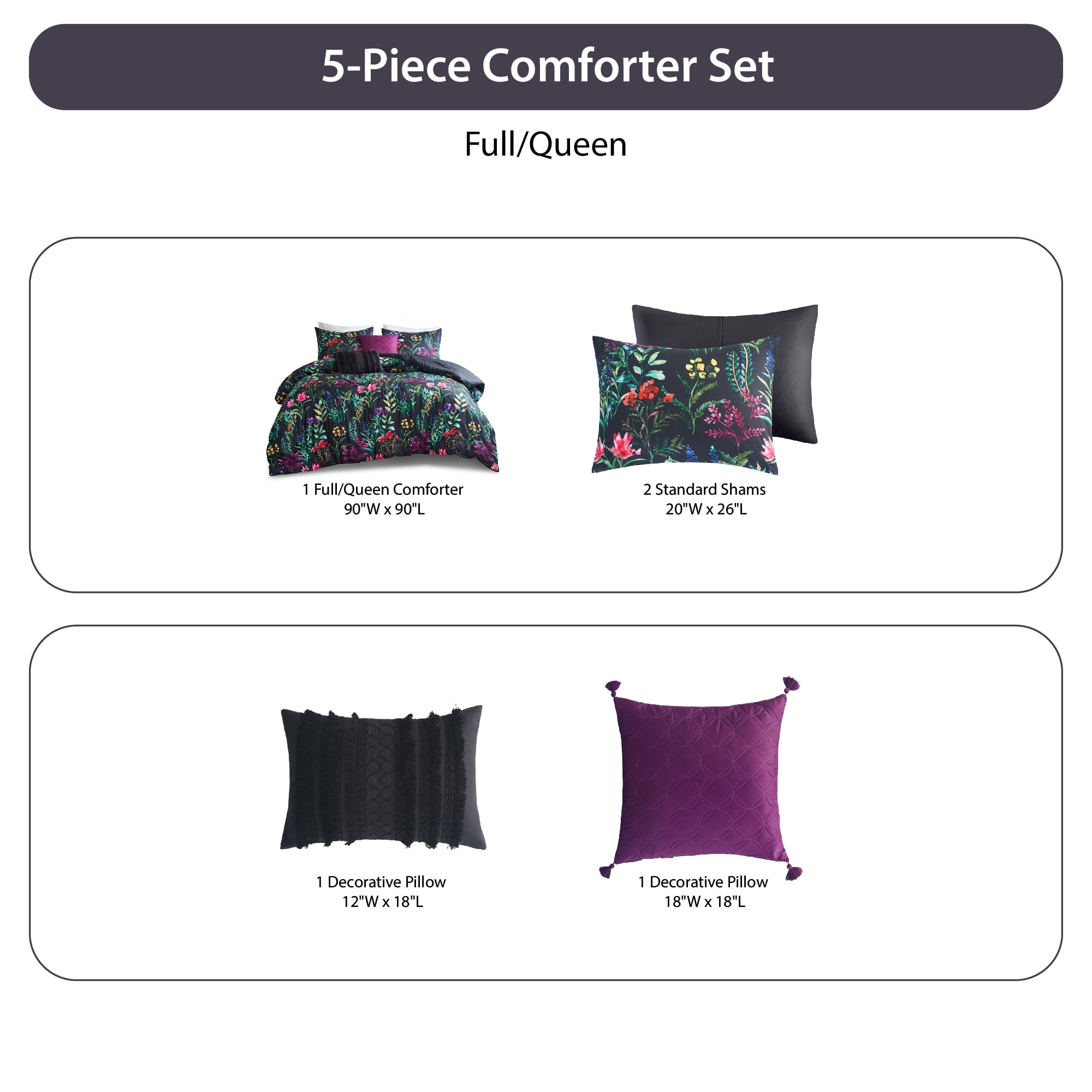 Madison Park 5-Piece Floral Comforter Set with Decor Pillows,Full/Queen, Black