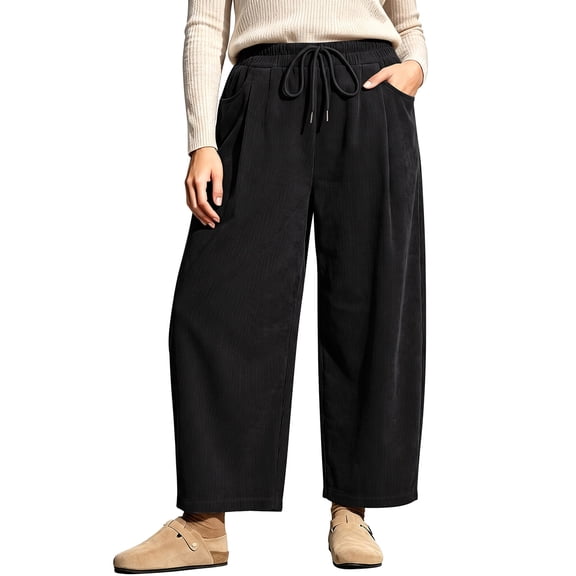 CASSIE LIZ Plus Size Black Corduroy Pants for Women Casual High Waisted Wide Leg Trousers with Pockets Drawstring Straight Leg Fashion Pants XL-5XL