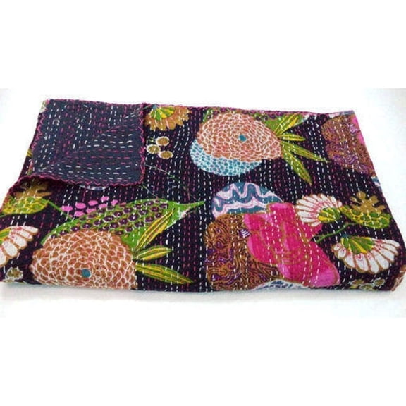 Indian Handmade Kantha Fruit Floral Print Bedding Bedspread Quilt Throw Pure Cotton Twin/Queen Size Blanket Bed Cover Gudri