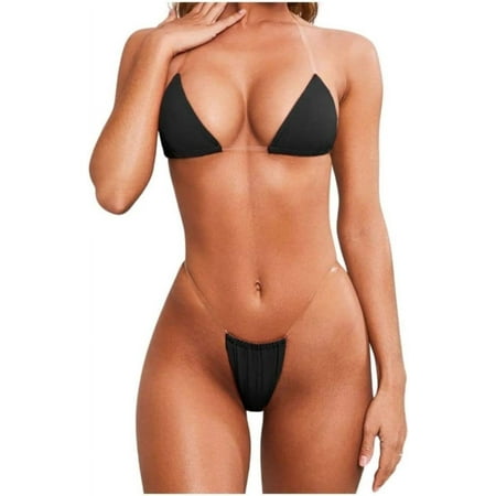 Lawq Thong Bikini Set  Sexy Lingerie with Clear Straps  Sexy Bikinis Swimsuit for Women  G-string Bra Set Black A415