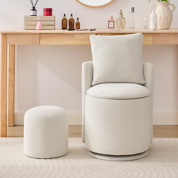 Velvet Small Swivel Upholstered Storage Accent Chair with Back Cushion and Ottoman, Comfortable Barrel Vanity Chair for Makeup Room & Living Room