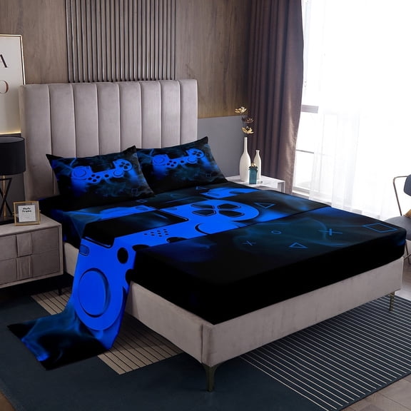 Erosebridal Teenage Gamer Twin Sheet Sets, Gaming Video Game Bedding Twin Size, Blue Gamepad Room Decor 3-Piece
