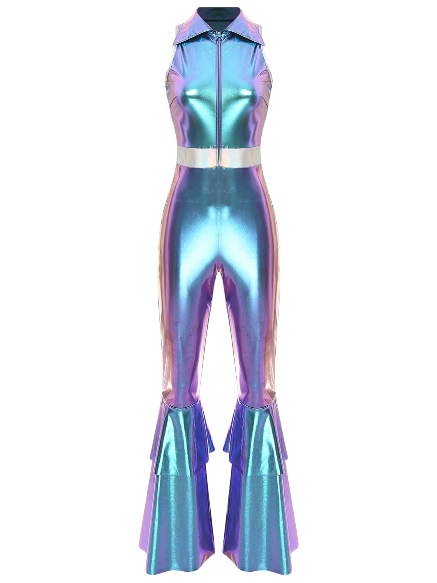 Eandarui Womens 70s Disco Outfits Holographic Shiny Metallic Sleeveless Jumpsuits for Party Club Blue L