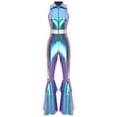thumbnail image 4 of Sxiwei Women Shiny Metallic 70s Disco Hippy Dance Costume Jumpsuit Sleeveless Flared Bell Bottoms Blue M, 4 of 6