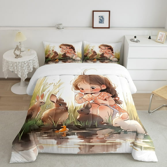 YST Kids Rabbit Bedding Set Twin Brown White Bunnies Comforter Set,Cute Girls Printed Duvet Insert Yellow Duck Quilt Comforter Wild Animal Wildlife Quilted Duvet Botanical Room Decor,2 Piece