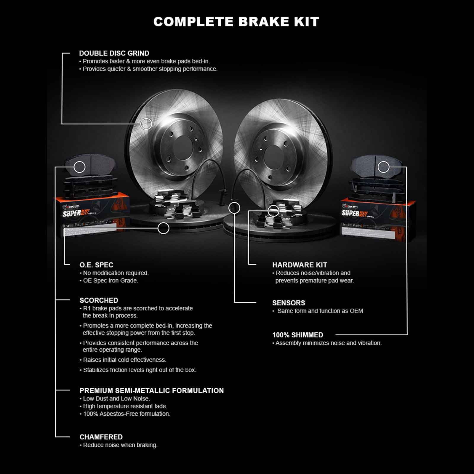 R1 Concepts WFXS2-99003 Front Rear Brakes and Rotors, Super Duty, (4) Rotors, (8) Pads, Hardware Kit and Sensor